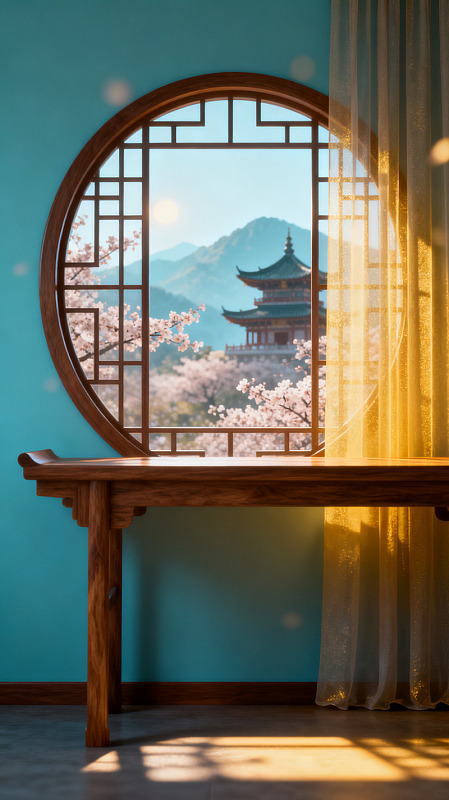 国风古建筑窗景插画设计素材