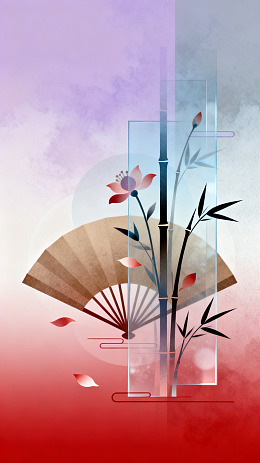 国风插画竹影花扇设计素材