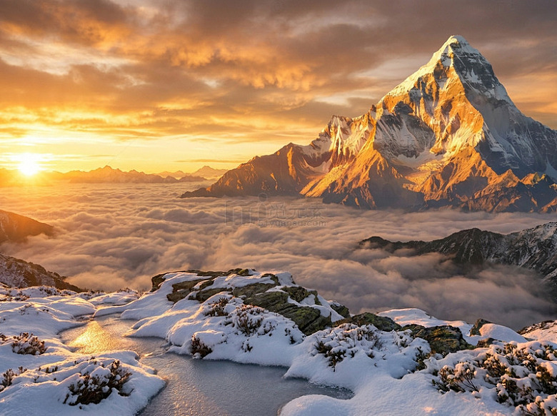 摄影风雪山日出自然风光设计素材
