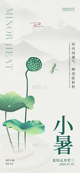 国风小暑节气荷塘蜻蜓插画设计素材