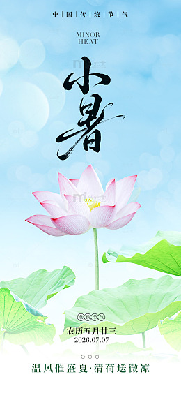 水墨风小暑节气荷花插画设计素材