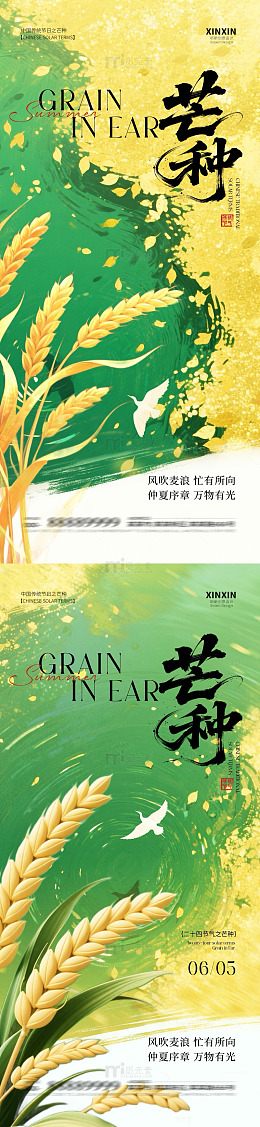 国风芒种节气麦穗插画海报