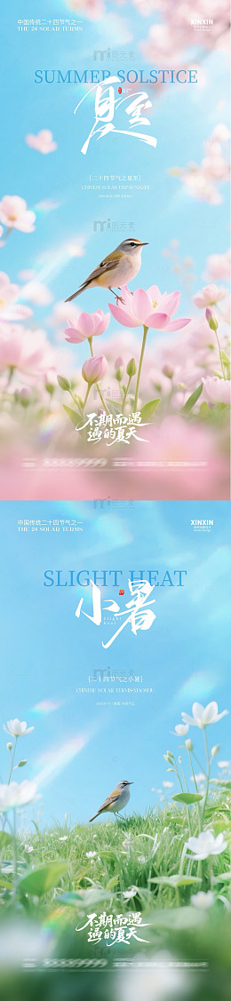 国风手绘夏至小暑节气插画设计素材