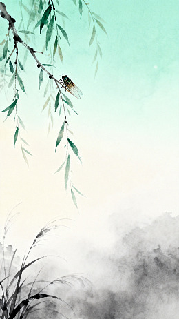 水墨风柳枝蝉鸣自然背景素材