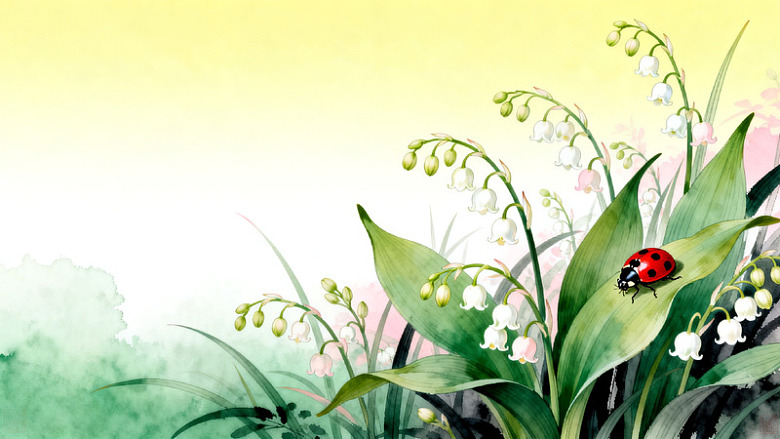 水彩风铃兰花瓢虫插画设计素材
