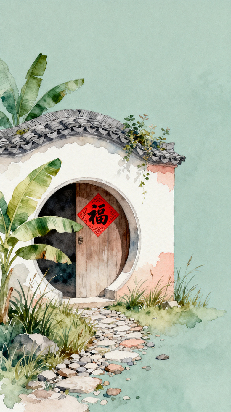 水彩风中式庭院门洞插画设计素材