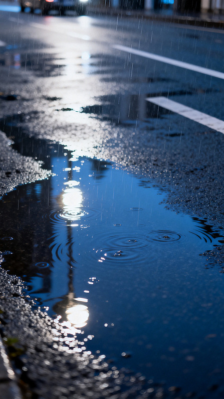夜景雨中街道水洼倒影设计素材