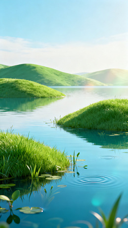 梦幻风湖畔绿丘自然风景设计素材