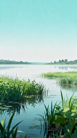 插画风湖畔绿植静谧风景设计素材
