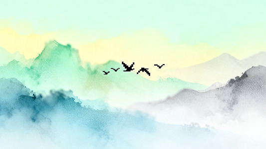 水墨风山水飞鸟意境插画设计素材