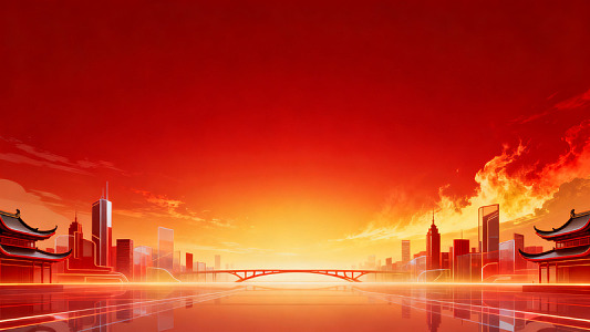 国风城市剪影日落插画设计素材