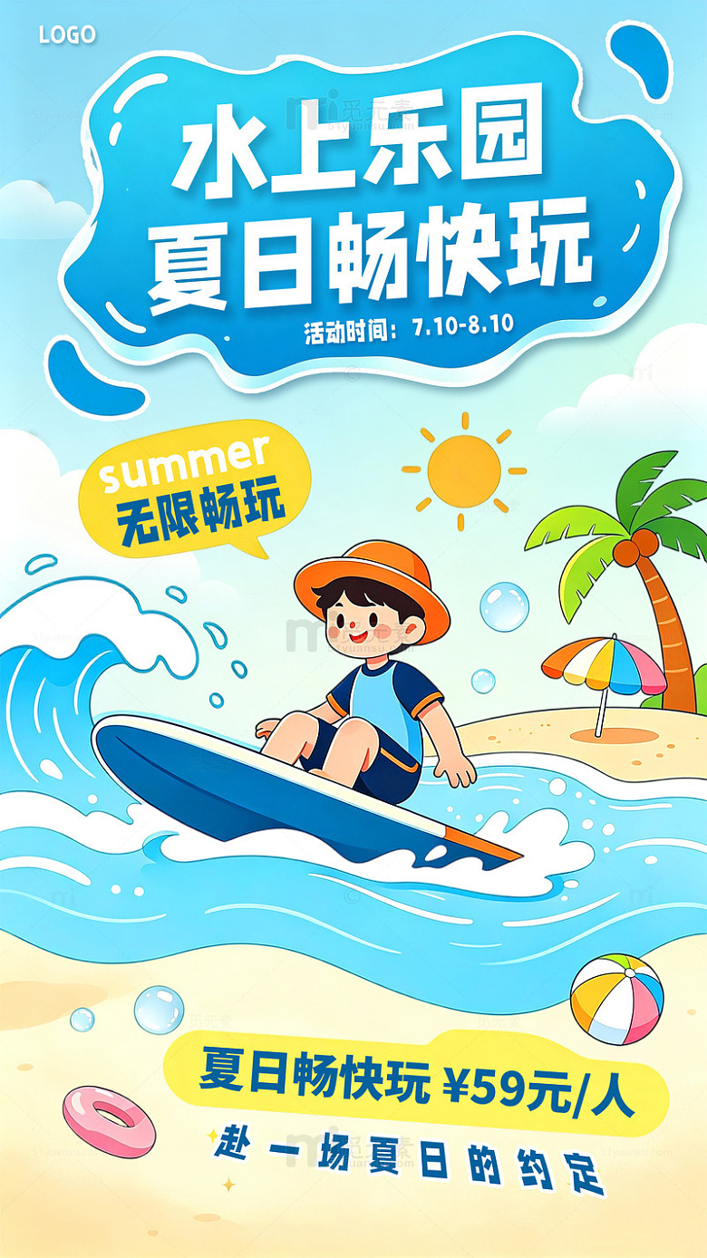 卡通风水上乐园夏日畅玩活动宣传海报素材
