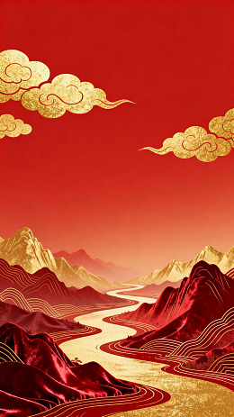 国风山水红金祥云插画设计素材
