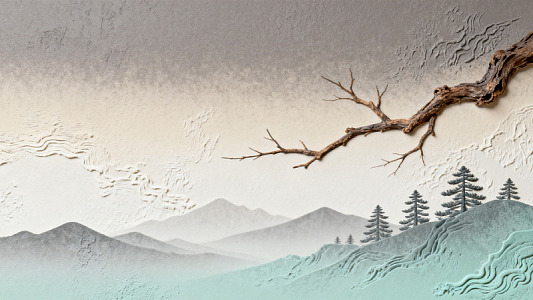 浮雕风山水意境枯枝设计素材