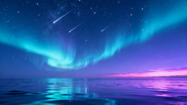 梦幻风极光星空海面设计素材