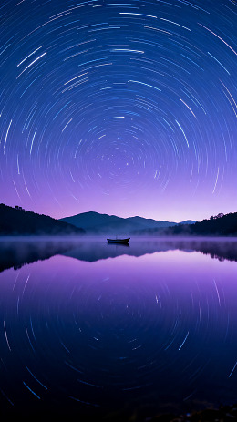 星空延时湖面小舟素材