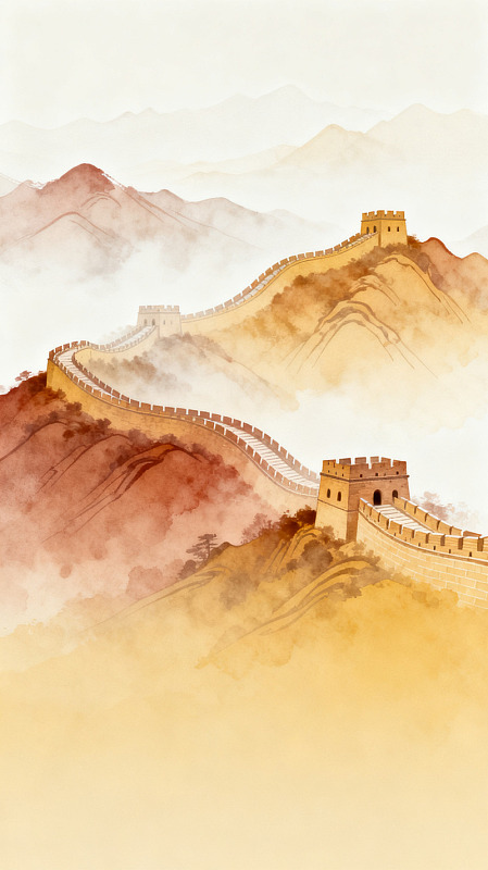 水墨风长城山峦手绘插画设计素材