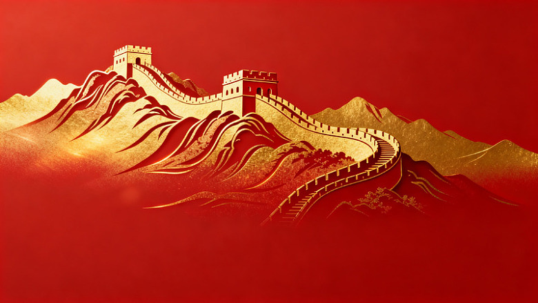 剪纸风长城山脉金色插画设计素材