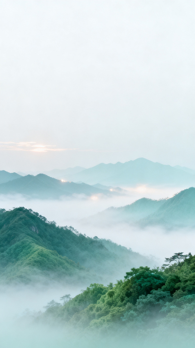 水墨风晨雾山峦自然风景设计素材