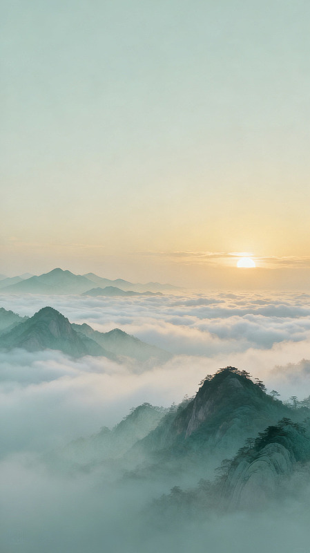 水墨风云海日出山峰风景设计素材