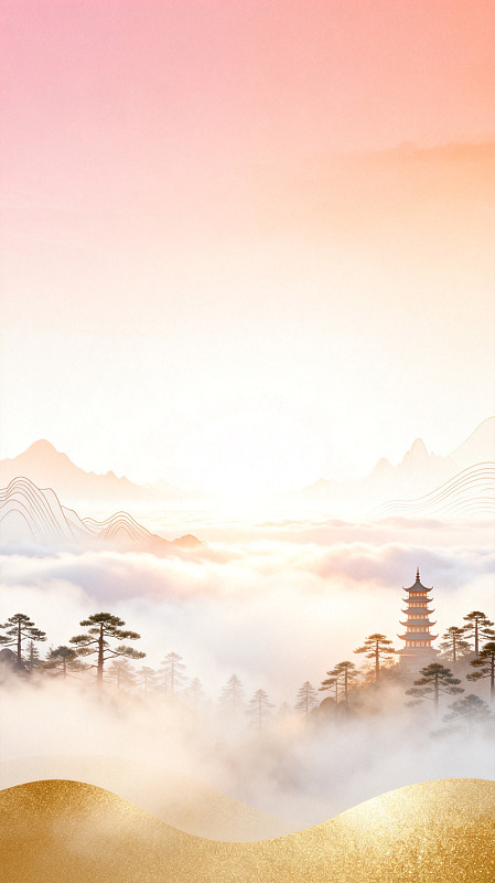 国风山水云海古塔插画素材