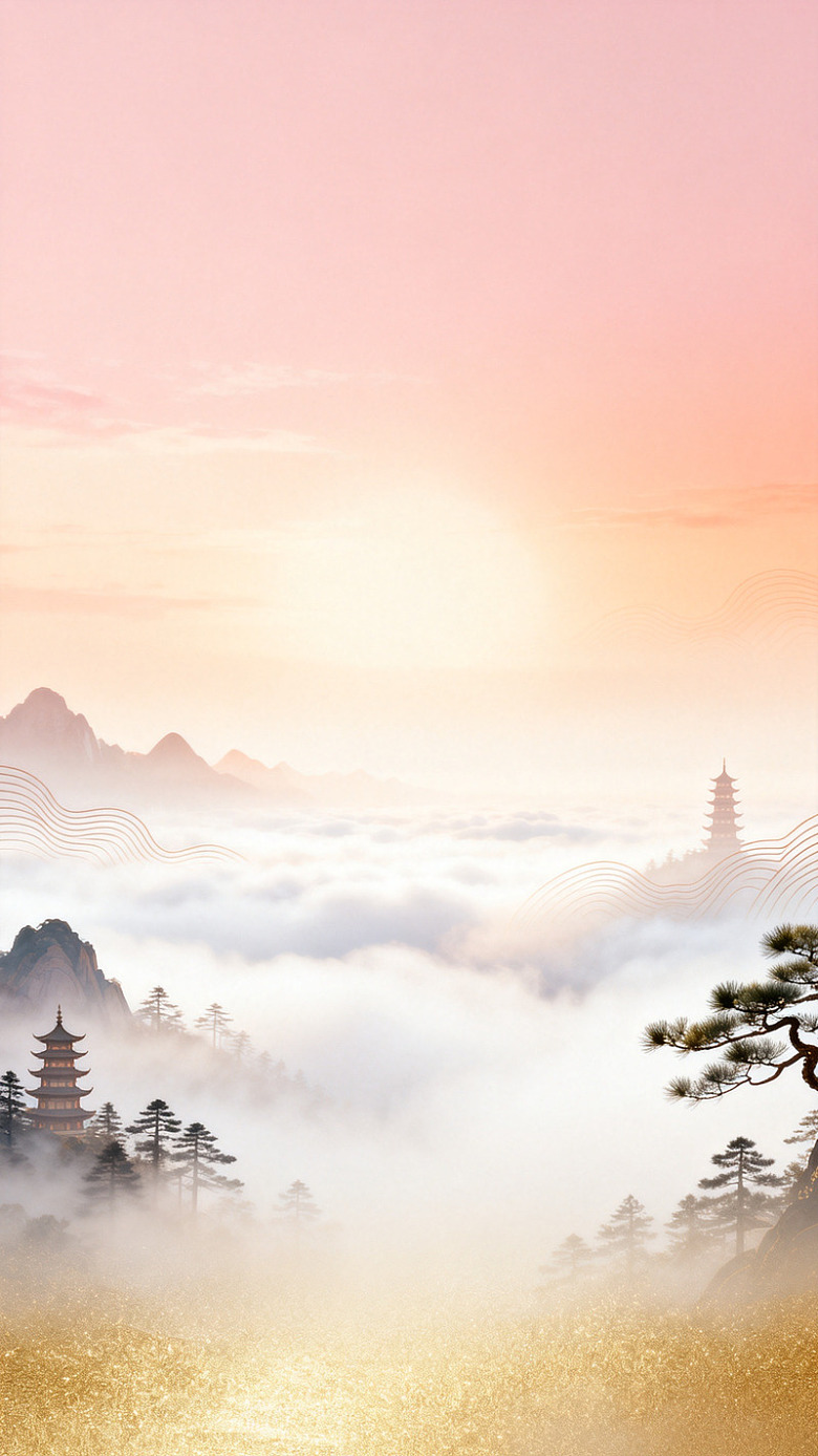 国风山水云海古塔插画设计素材