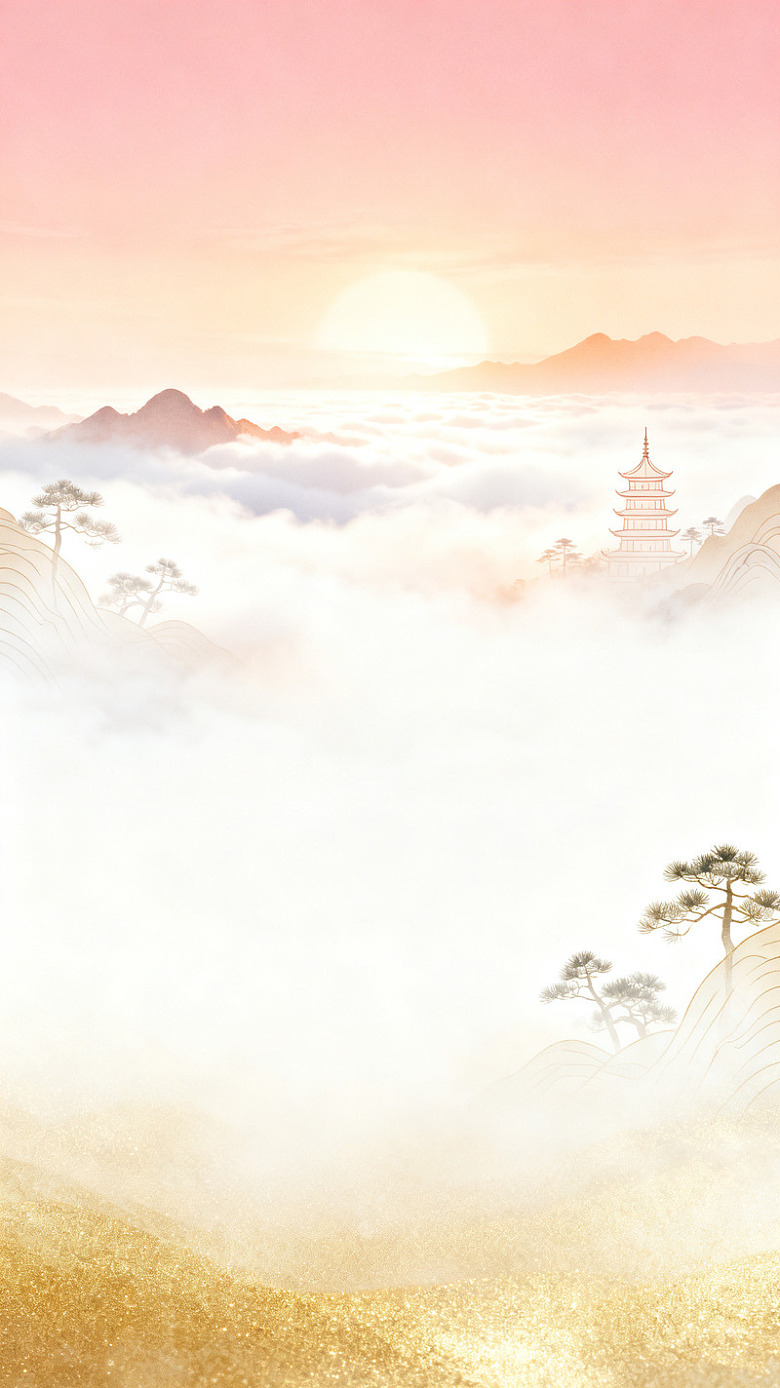 国风山水云海日出插画设计素材