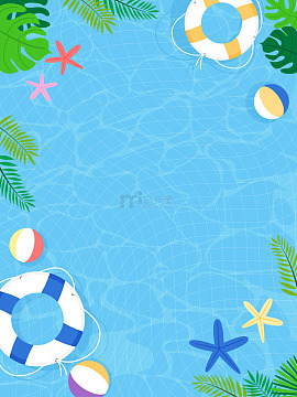 夏季游泳池沙滩球救生圈水纹蓝色背景插画