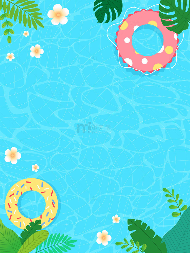 夏季清新游泳池可爱救生圈绿植蓝色背景插画