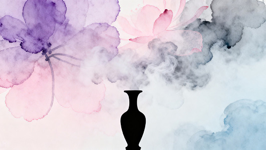 水墨风花瓶烟雾花卉插画设计素材