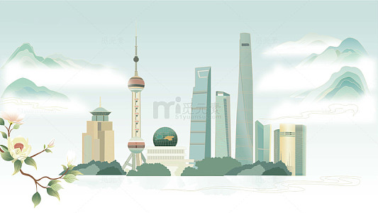 国潮新中式上海城市地标玉兰花山水矢量插画
