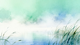 水彩风湖畔芦苇自然风景设计素材