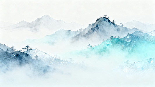 水墨风云雾缭绕山峰插画设计素材