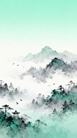 水墨风山水云雾亭台设计素材