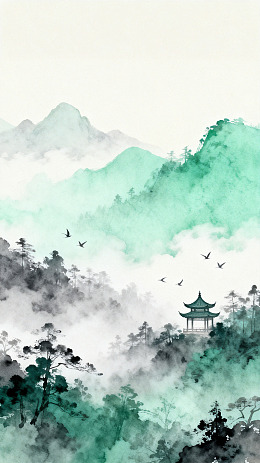 水墨风山水亭台国风插画设计素材