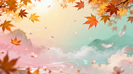 国风秋日枫叶山水插画背景素材