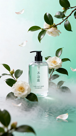 清新风山茶花沐浴露产品素材