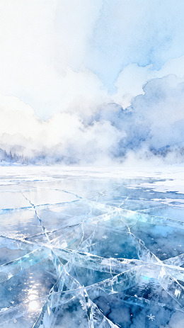 水彩风冰湖裂纹冬季风景设计素材