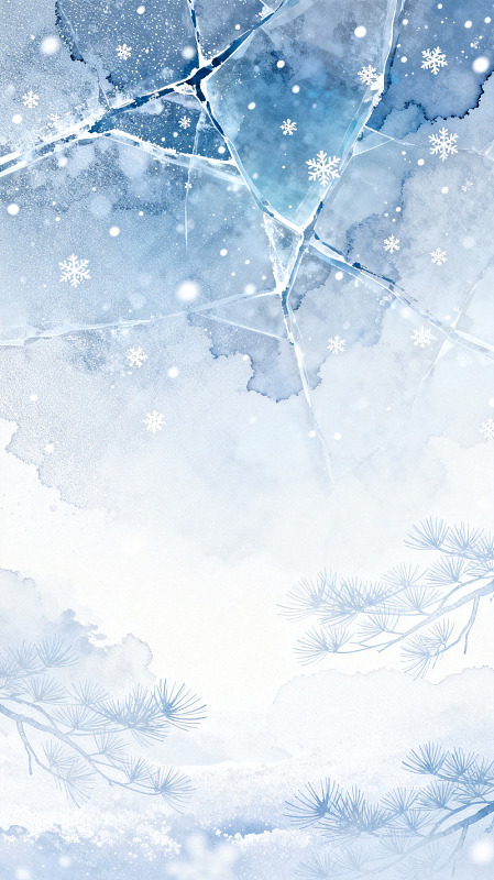 水彩风冬日雪景冰裂松枝设计素材