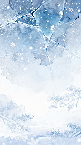 水彩风冬日雪景冰裂松枝设计素材