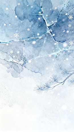 水彩风冬日雪景松枝设计素材