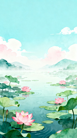 国风水墨风荷花池塘插画设计素材