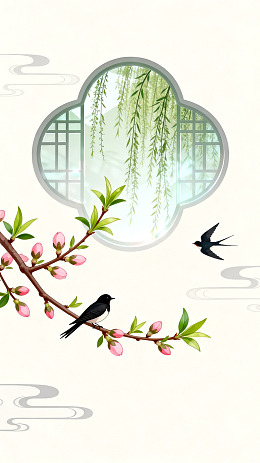 国风春景窗棂柳枝花鸟插画素材