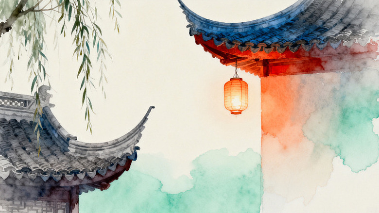 水彩风古建筑灯笼手绘设计素材