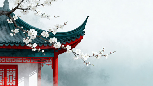 国风古建筑梅花枝手绘设计素材