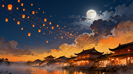 国风水墨风古建筑夜景插画设计素材