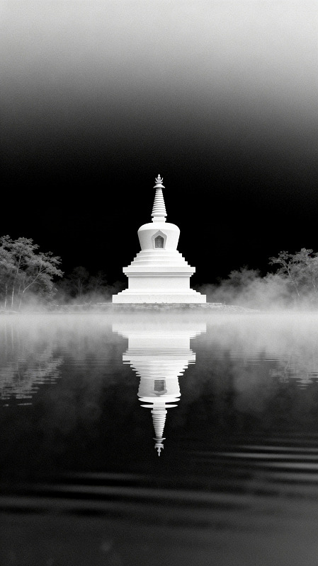 黑白风佛塔倒影静谧设计素材