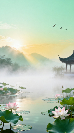 国风晨雾荷塘亭台风景素材