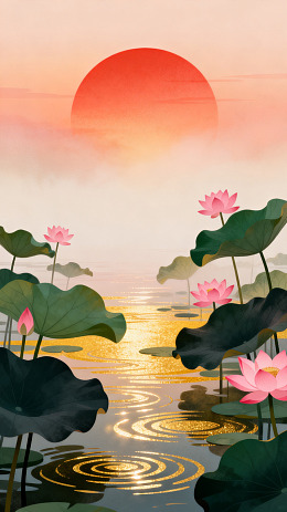 国风插画荷花池日出设计素材
