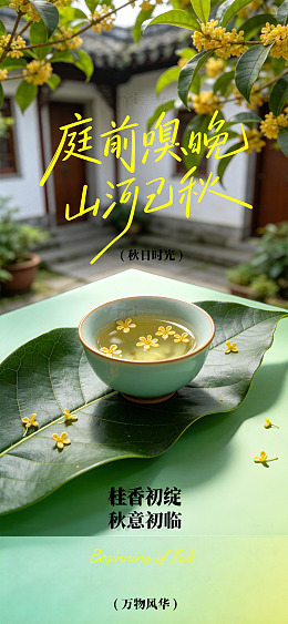 国风秋日庭院桂花茶饮插画立秋海报